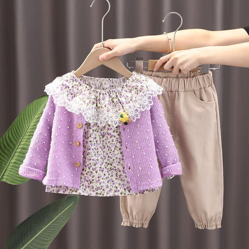Broken Flower Wave Point Sweater Cardigan Three Piece Set